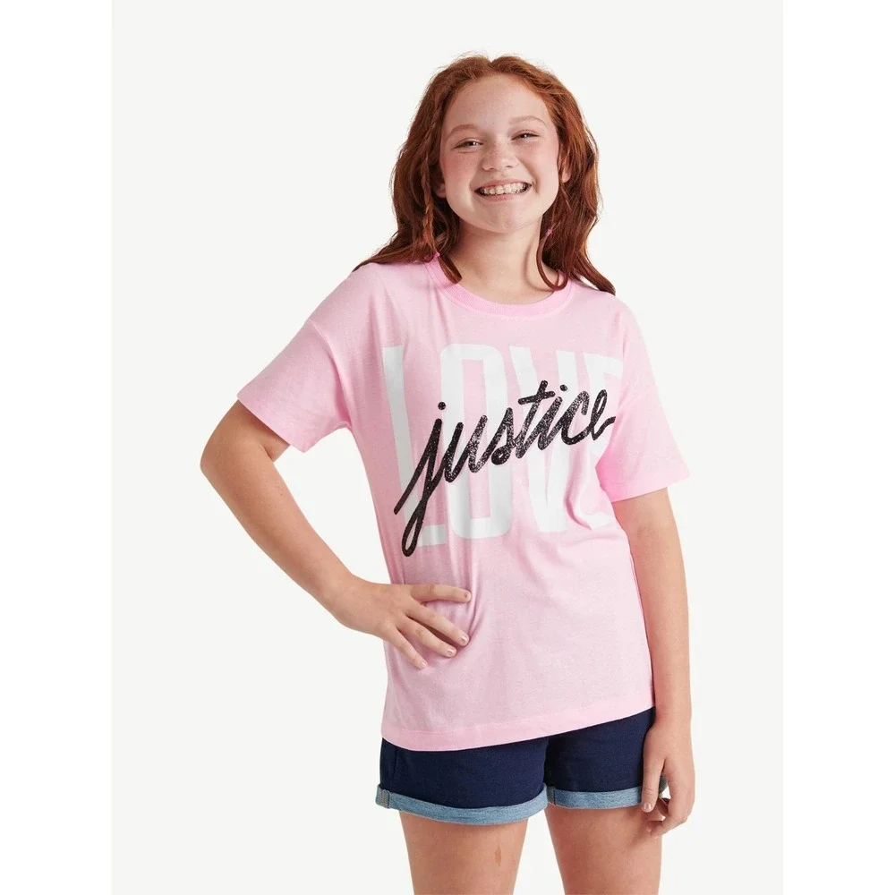 Justice Girls Graphic Table Tee Size L(12-14) Pink Pullover Relaxed Fit Crewneck